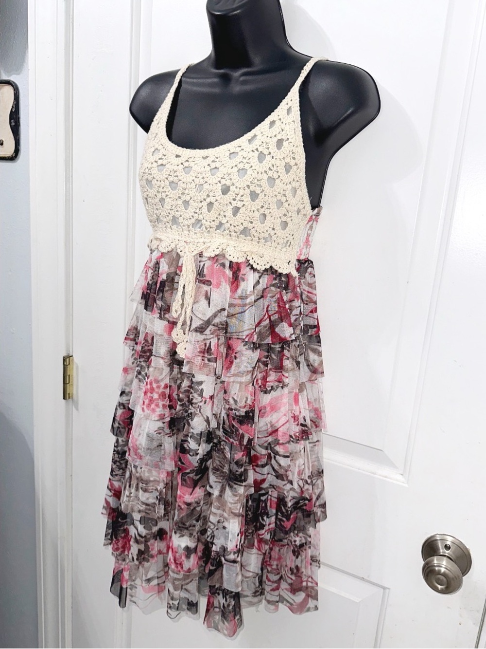 J Gee summer dress features a layered pink and black floral skirt, crochet top - Picture 2 of 5